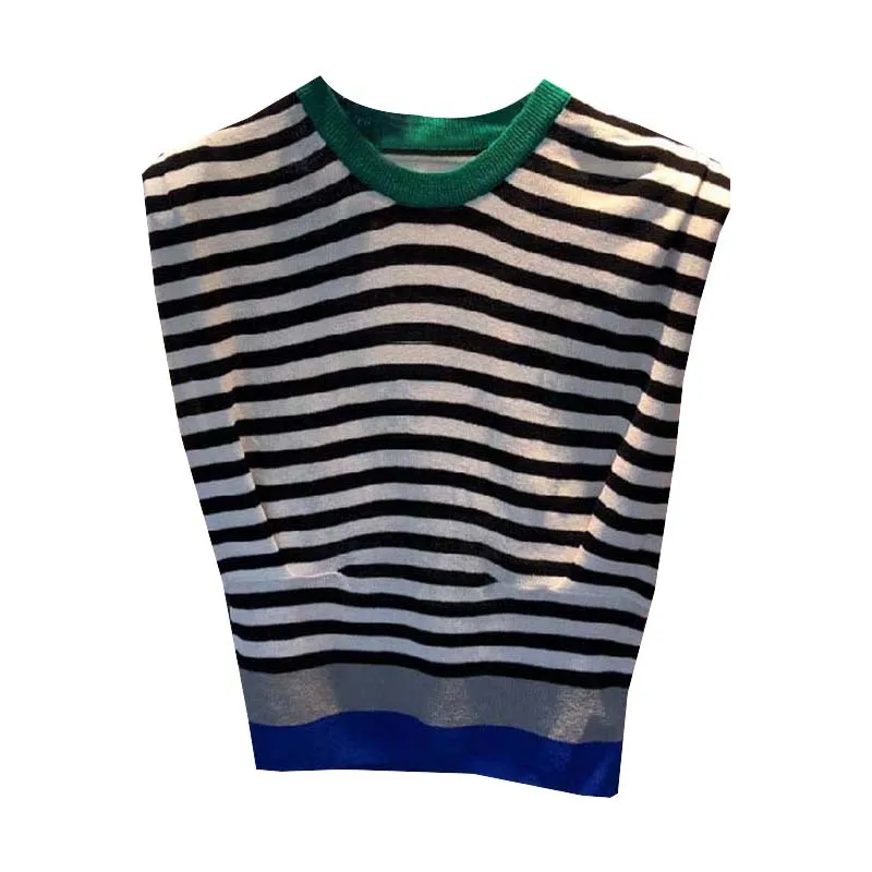 

2021 Fashion Spring Summer Trendy New Korean Dongdaemun Striped All-Matching round Neck Sleeveless T-shirt Fresh Top
