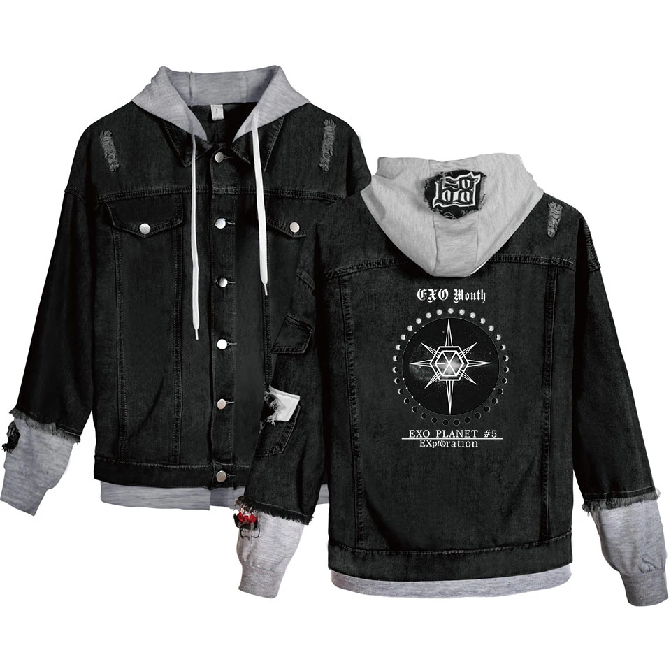 

Classic Trendy Youthful Fake Two Pieces Pattern EXO Print Hole Denim Jacket women's Long Sleeve Trendy Denim Hooded Jackets Coat
