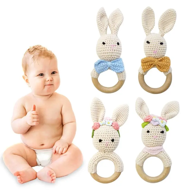 Детский деревянный Прорезыватель кольцо DIY вязаный кролик погремушка пустышка