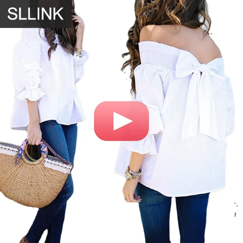 

Sexy Off Shoulder Spring Summer Strapless Blouse Women Bowknot Tops Slash Neck Shirts Casual Loose Shirts for Women