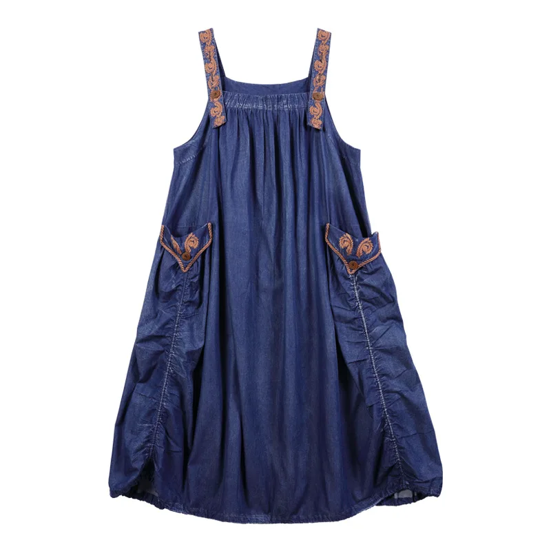 

Oversize Dress Women Embroidery Streetwear Vintage Loose Casual Soft Thin Jeans Long Strap Dress Lady Summer Denim Dress