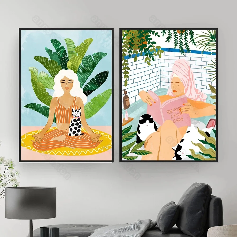 

Nordic Canvas Painting Poster Print Green Plants Pretty Women Meditation Books Cute Cat for Home Rooms Gallery Wall Decoration