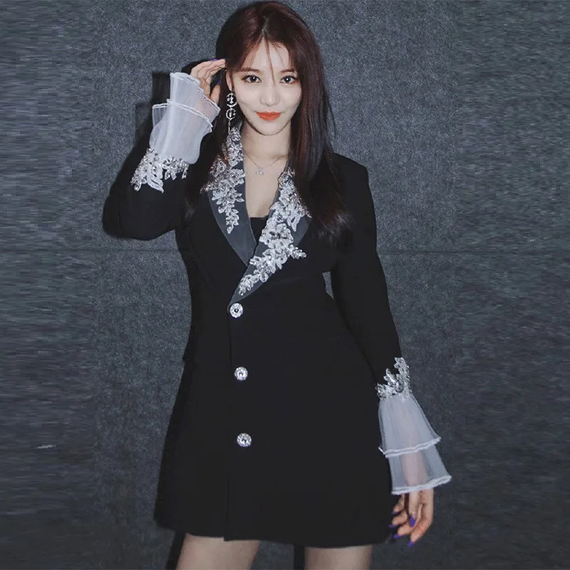 

Floral Embroidery Lace Patchwork Spring Mini Dress Women Single Breasted Party Dress Autumn Winter Blazer Dress Elegant C891