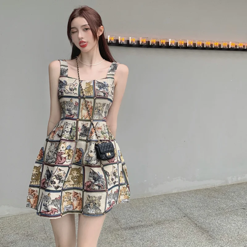 

Платье женское летнее с цветочным принтом, пикантная короткая юбка на бретелях, с завышенной талией