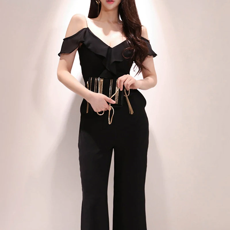 

Summer New Black Ruffle Bodycon Women Sexy Party Clubwear Jumpsuits Casual V Neck Overalls Rompers Female Plus Size