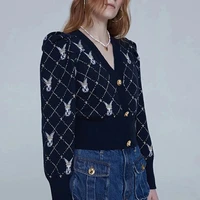 womens knitted cardigan 2020 vintage v neck navy blue bunny argyle plaid loose sweater coat women knitwear top