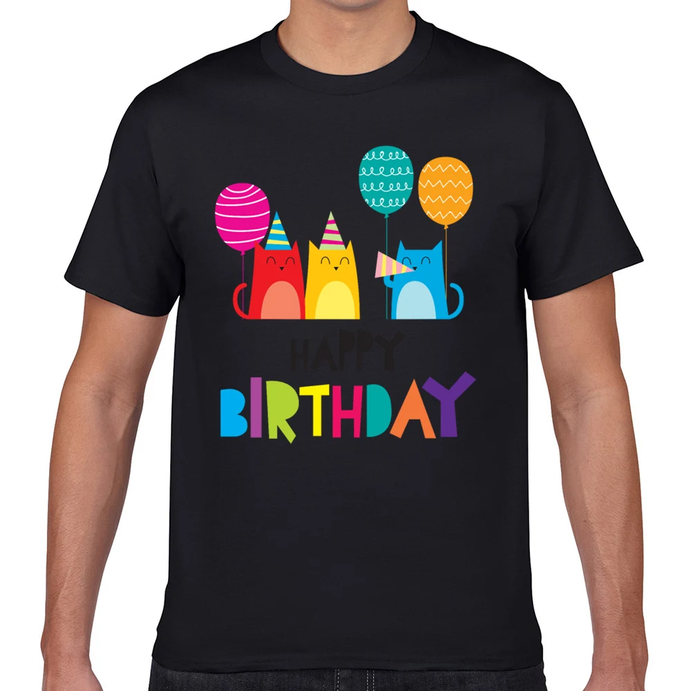

Tops T Shirt Men cats happy birthday O-Neck Vintage Geek Cotton Male Tshirt fa003