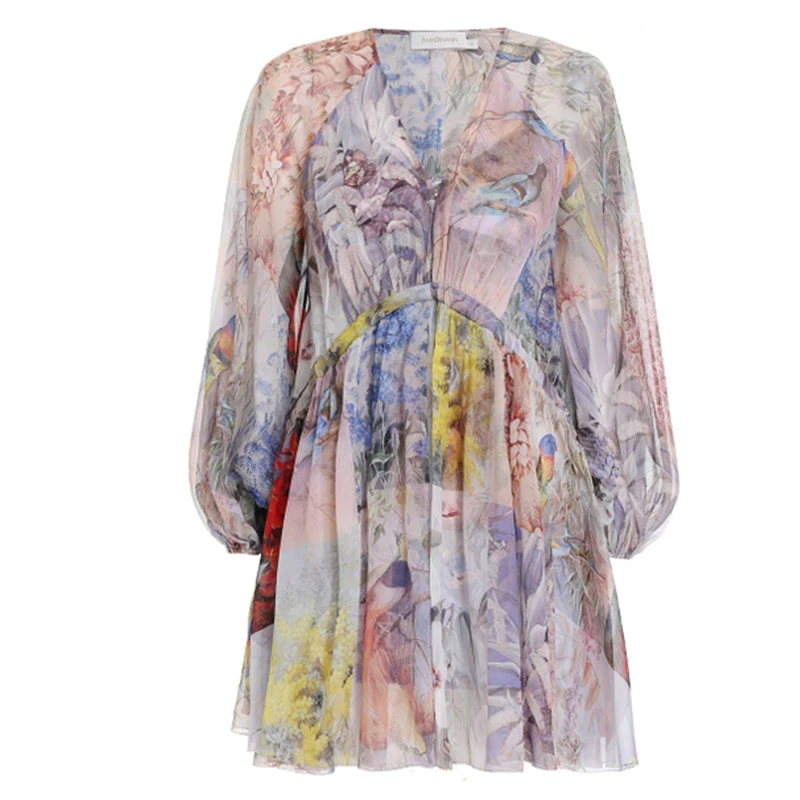 

XIZIHUPAN Vintage Print Dress For Women V Neck Puff Long Sleeve High Waist A Line Ruched Midi Dresses Female Summer 2021 Stylish