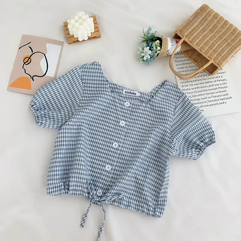 

Women Summer Blouse Casual Short Sleeve Shirts Fashion Plaid Blouses Square Collar Shirts Tops