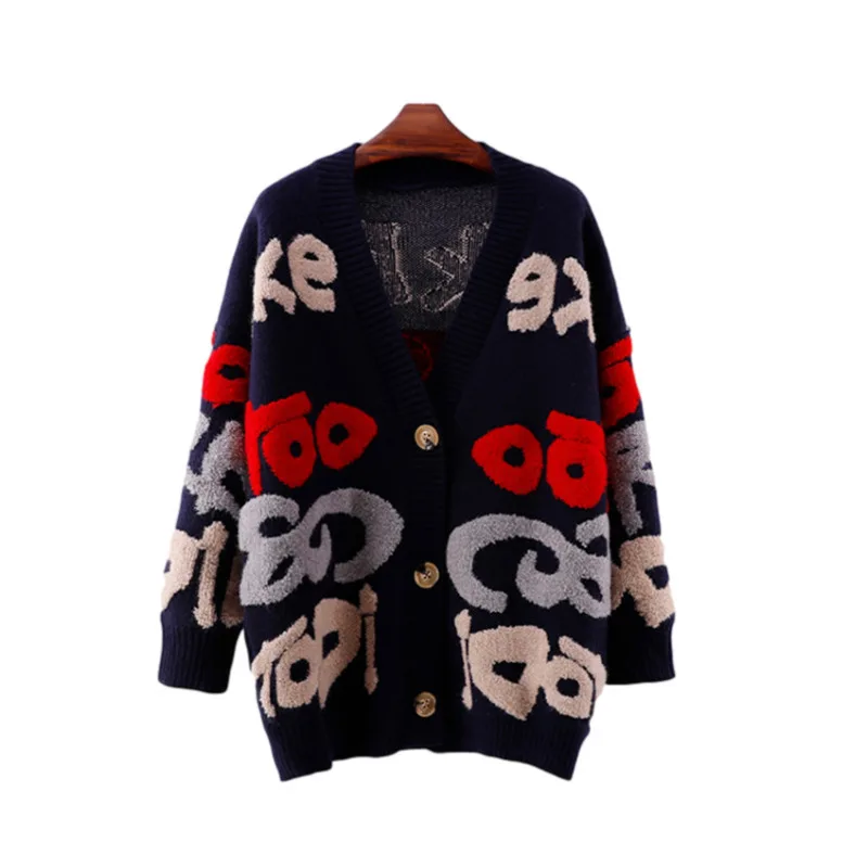 

2021 Autumn Winter Warm Female Casual Streetwear Loose Open Stitch Sweater Women Fashion Letter Printed Thick Cardigan Sweaters