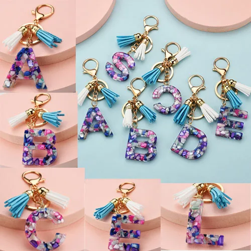 

New Exquisite 26 Letters Resin Keychains Charms for Women Gold Foil Handbag Ornaments Accessories Tassel Key Rings