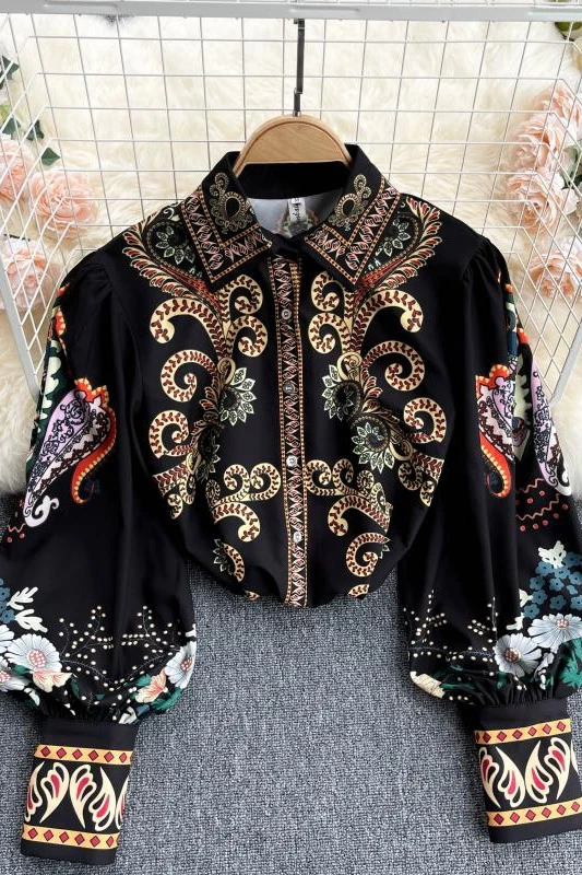 

2021 New Vintage Printed Lantern Sleeve Lapel Court Style Versatile Shirt Top Blouse