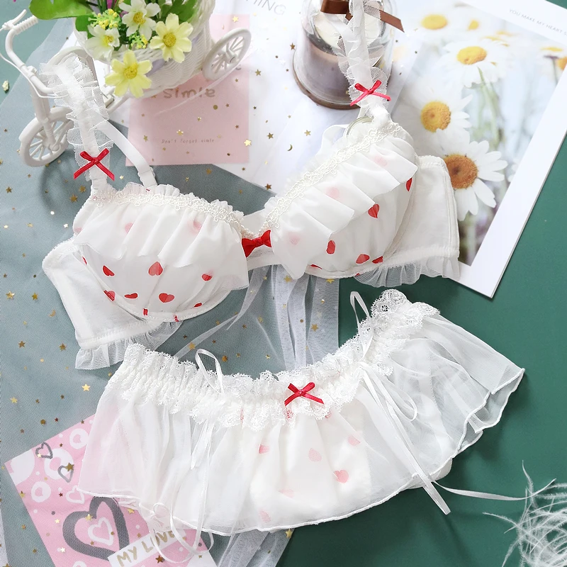 Japanese Sweet Women's Sexy Lingerie Plus Size Bra And Panty Set Cute Underwear Kawaii White Push Up Sleep Tops Strappy Bralette