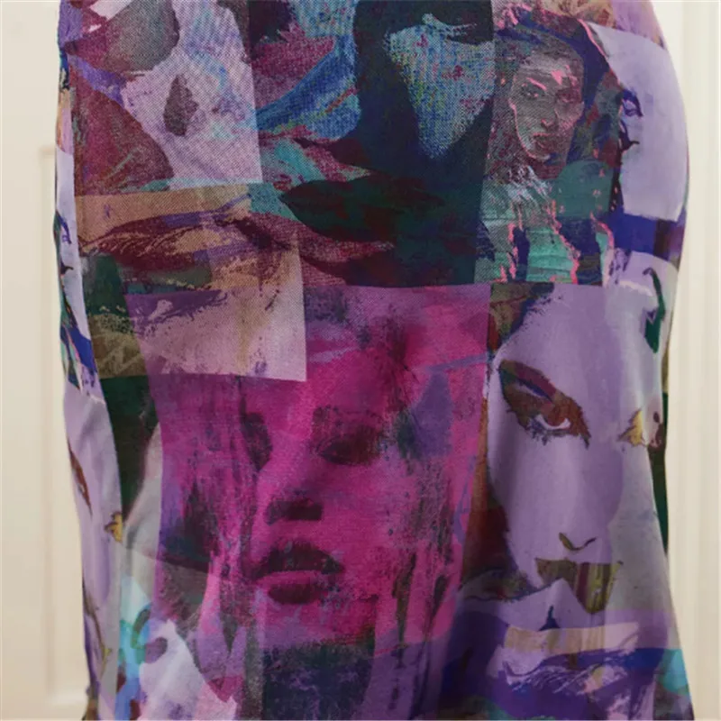 

Women 2000s Vintage Skirts Sexy Mesh Bodycon Midi Skirt Abstract Portrait Retro Print High Waist Pencil Summer Skirts Streetwear