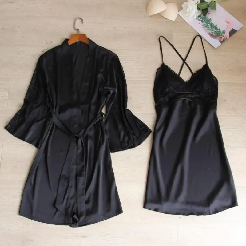 

Sexy 2PCS Robe Set Summer New Intimate Lingerie Women Royal Nightwear Casual Kimono Bathrobe Gown Lace Sleepwear Nightgown