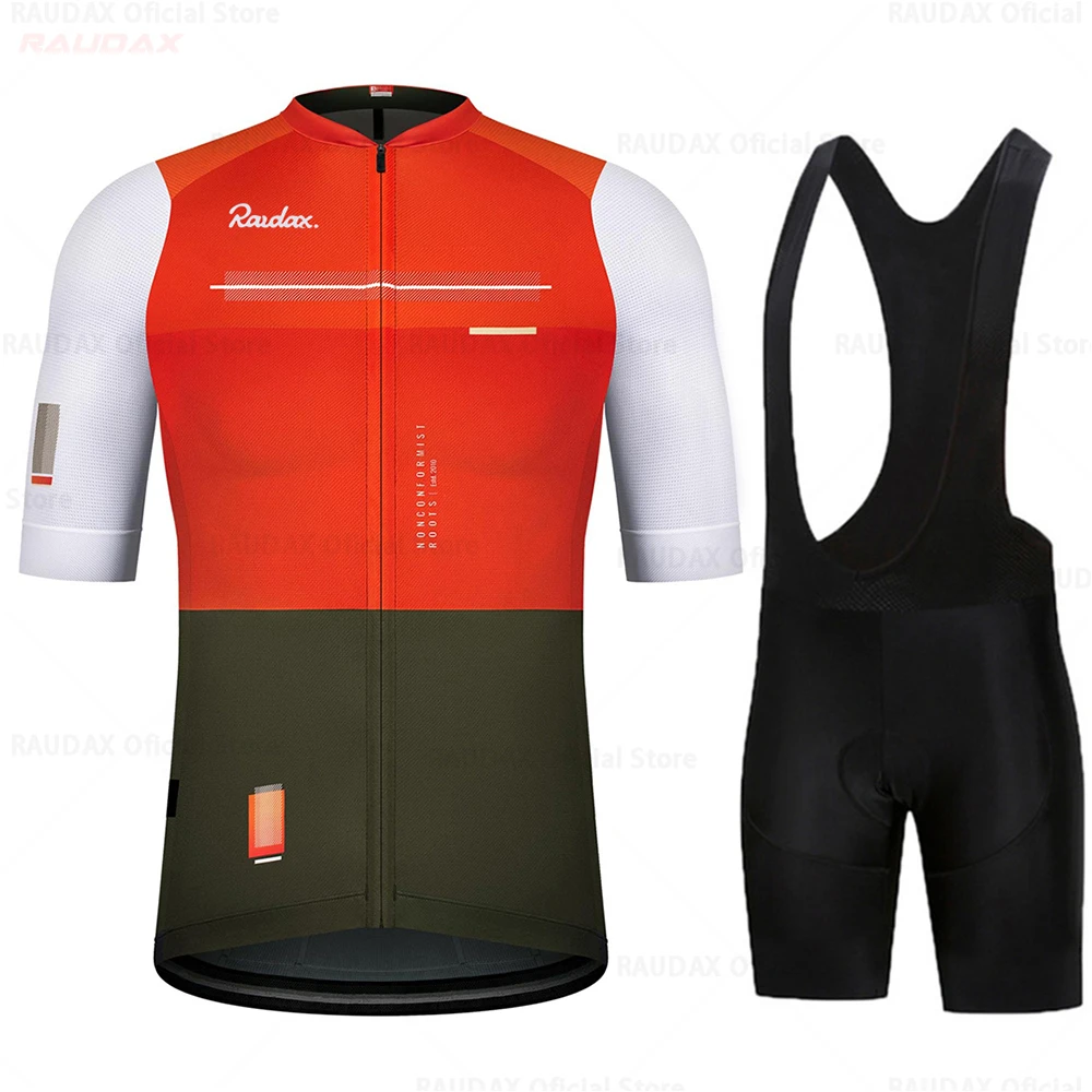 

2021 RAUDAX Team Short Sleeve Cycling Jersey Set Bib Pants Ropa Ciclismo Bicycle Clothing MTB Bike Jersey Uniform Men Clothes