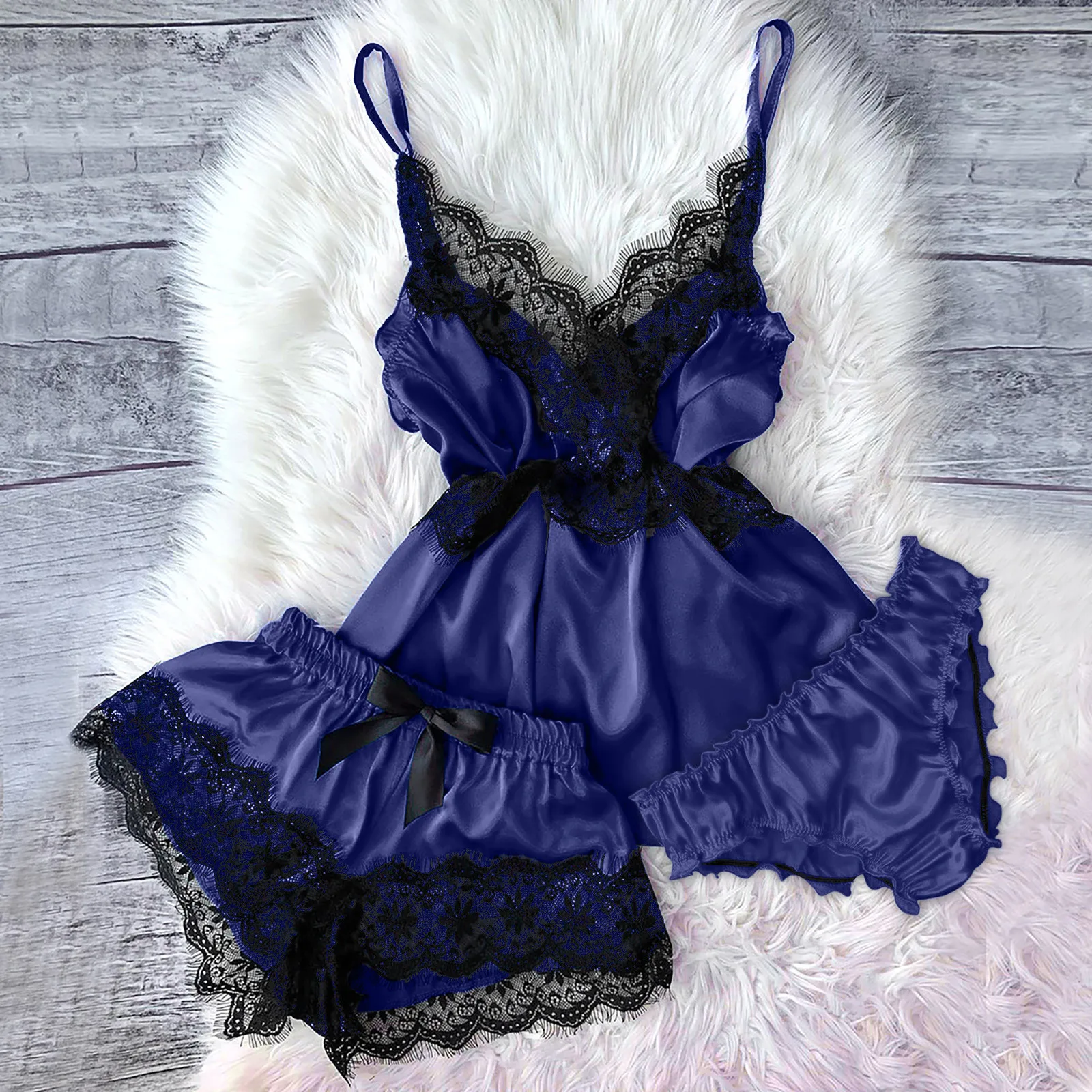 

Women's Pajamas Set Home Suit Top And Shorts Sexy V-neck Sleeveless Satin Lace Sleepwear Bowknot Pijama Female Home Clothes 2021