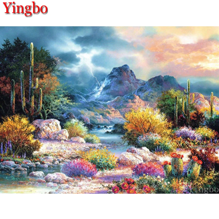 

Алмазная живопись 5D с изображением кактуса, гор, водопада, вышивка крестиком, алмазная вышивка, полный квадрат, декор из алмазной мозаики