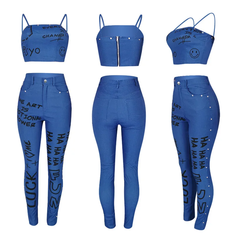 

Denim-like Women Two Pieces set Outfits 2020 Sexy Letters Print Spaghetti Strap Crop Top and Skinny pant set Streetwear