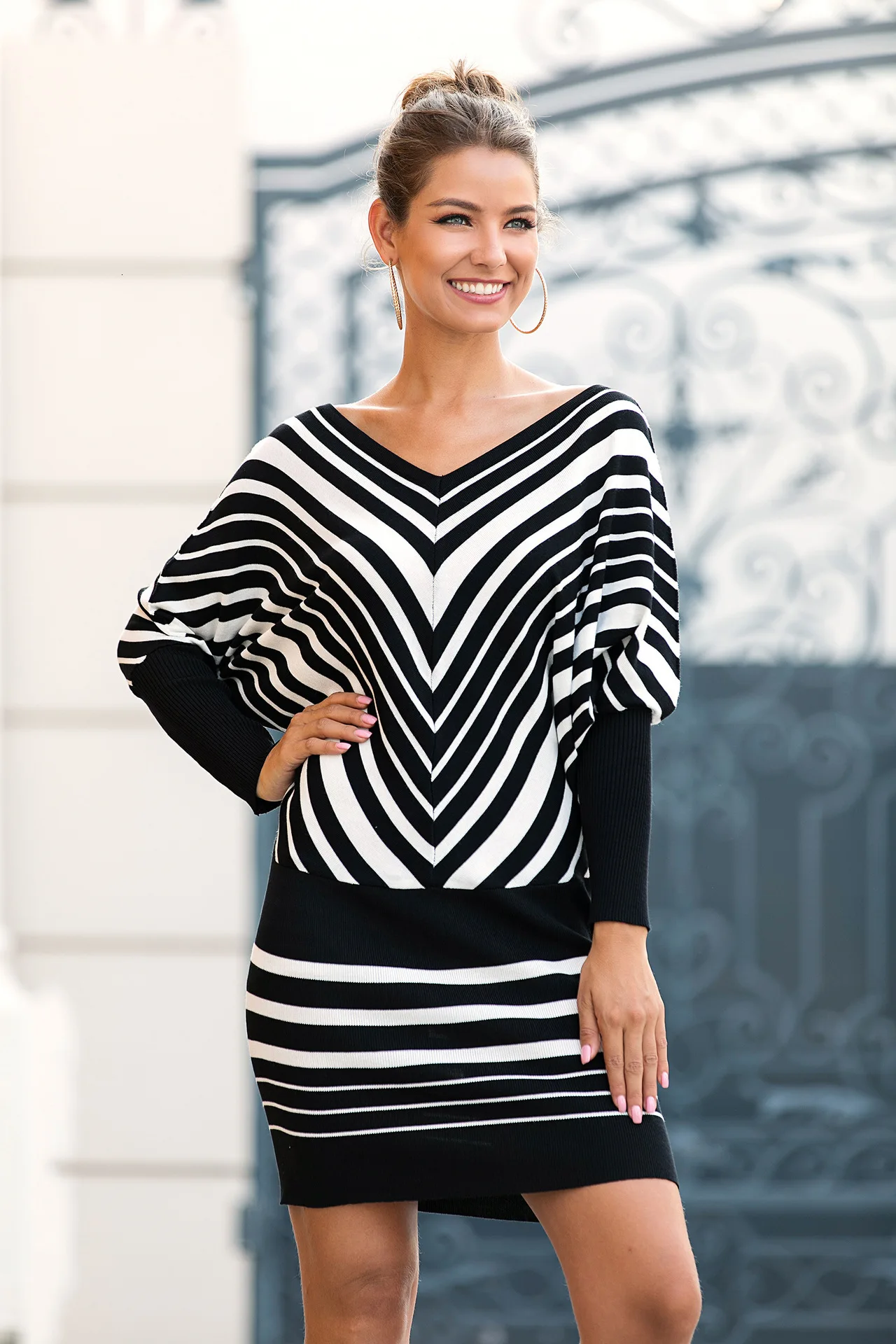 Bat Long Sleeve Casual Knitted Dress Autumn Winter V Neck Warm Bodycon Mini Office lady Zebra Striped Black Women | Женская одежда