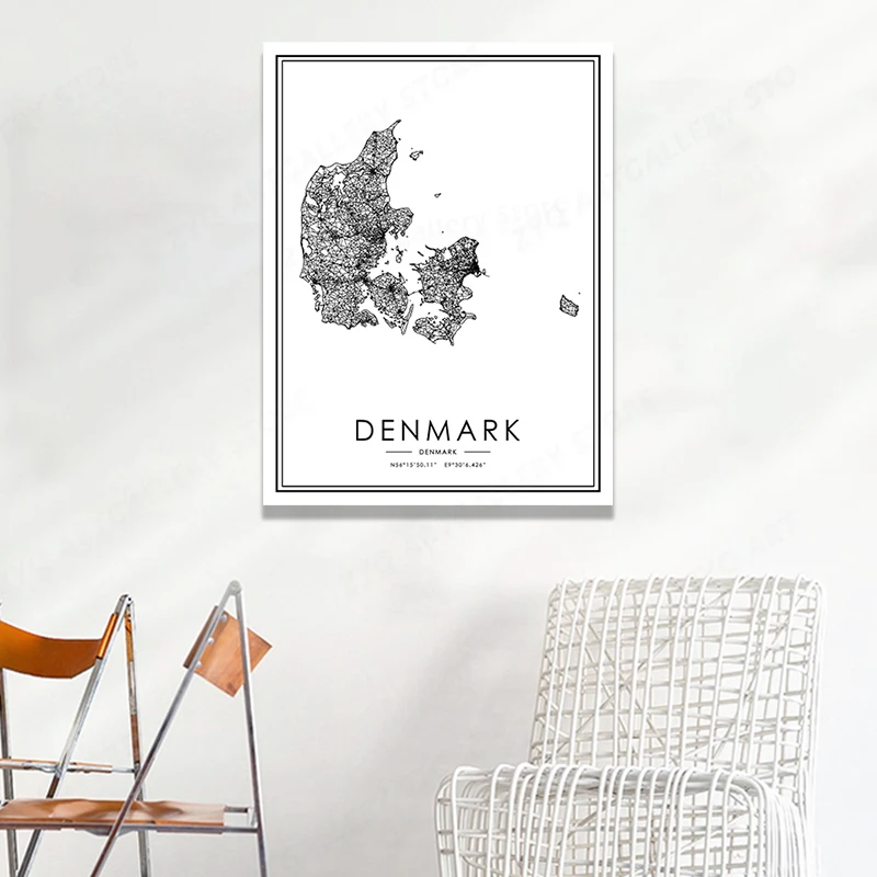 Дания черно-белая карта плакат художественная картина печать домашний декор