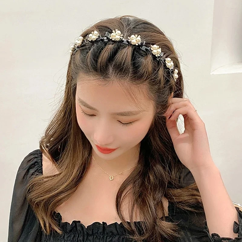 

Unisex Pearl Rhinestone Hairbands Double Bangs Hair Clips Hairstyle Make Up Hairpins Sports Headband Hair Accessories 2021