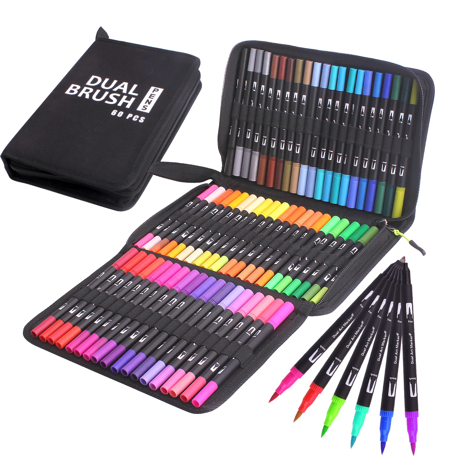 60 Colors Art Pens Set, Fine Tip & Flexible Brush Pen Tip, Water Based Markers for Adult Coloring Calligraphy