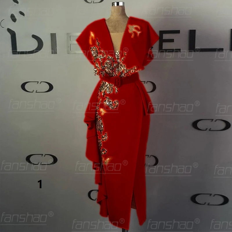 Женское вечернее платье с блестками Fanshao оранжевое золотистой аппликацией и V