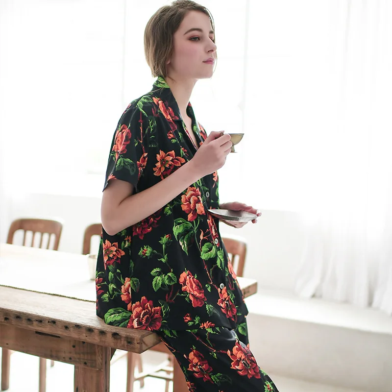 

Summer Silk Pajamas Women's Short Sleeve Sexy Nightwear Thin Loose Printing Two-Piece Sleepwear Turn-down Collar Satin Pijamas