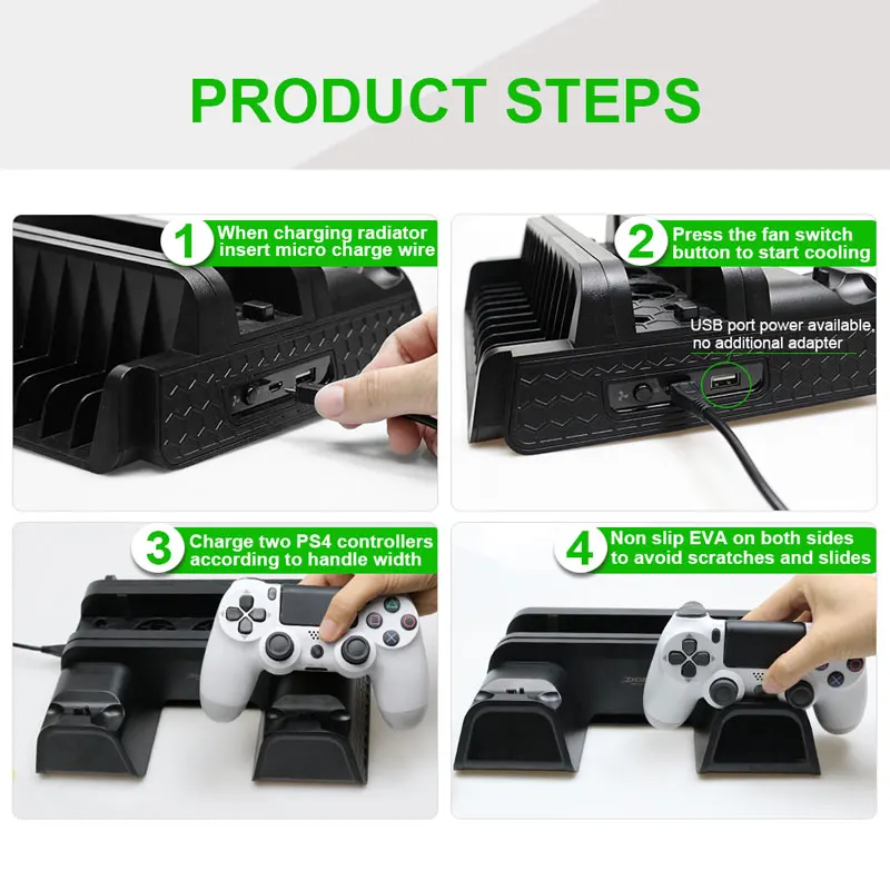 Вертикальная подставка для PS4/PS4 Slim/PS4 PRO с охлаждающим вентилятором зарядная