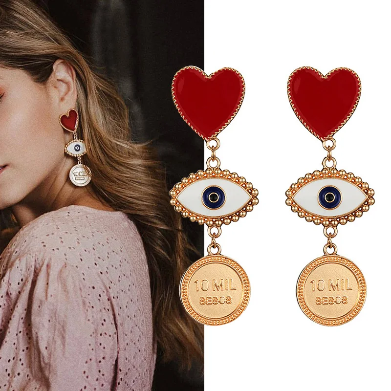 2019 New Fashion Red Heart Evil Eye Coin Drop Earrings For Women Lady's Vintage Exaggerate Statement Earring Party Jewelry | Украшения