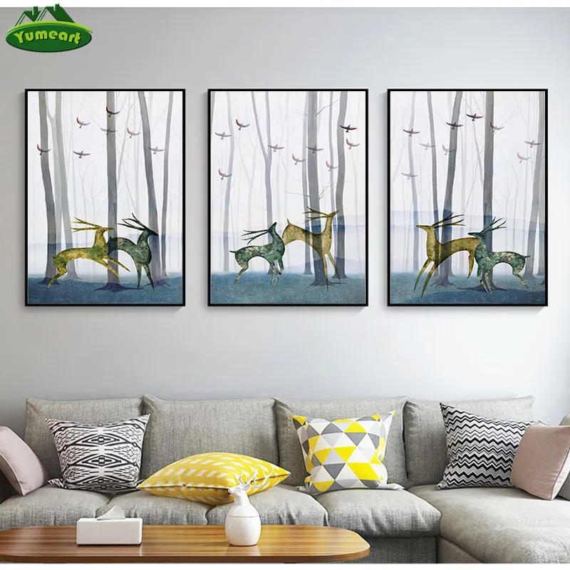 Настенная Картина на холсте для домашнего декора лес абстрактное дерево бегущие