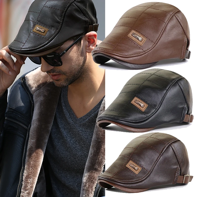 

Top PU Leather Newsboy Cap Men Planas Duckbill Visor Hat Winter Autumn Warm Flat Caps Vintage Man Boinas Gatsby Hats