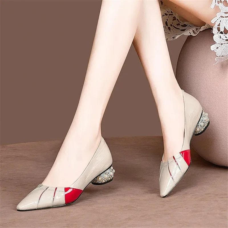 

Beige White Low Heels Rhinestone Women Office Shoes Fashion Pointed Toe PU Leather Pumps Elegant Comfortable Ladies Single Shoes