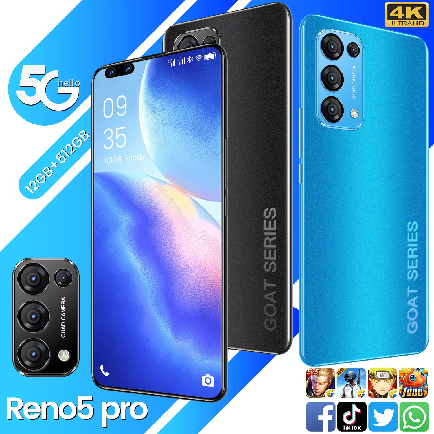 

[World Premiere] Reno5Pro 7.3 Inch 12+512GB Smartphone Android10 HD Screen 5G Cellphone Face ID 5000mAh Dual SIM Mobile Phone