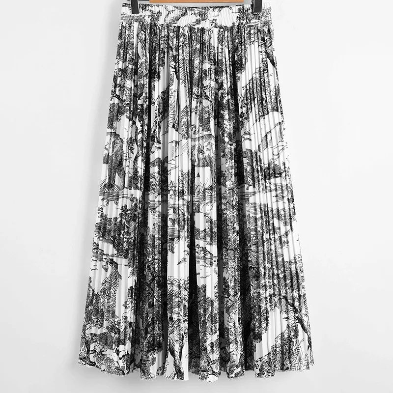 

2021 New Skirt Female Floral Casual Korean Elastic Waist Summer Fashion Loose Mid-Length Elegant Temperament Pleated Skirt