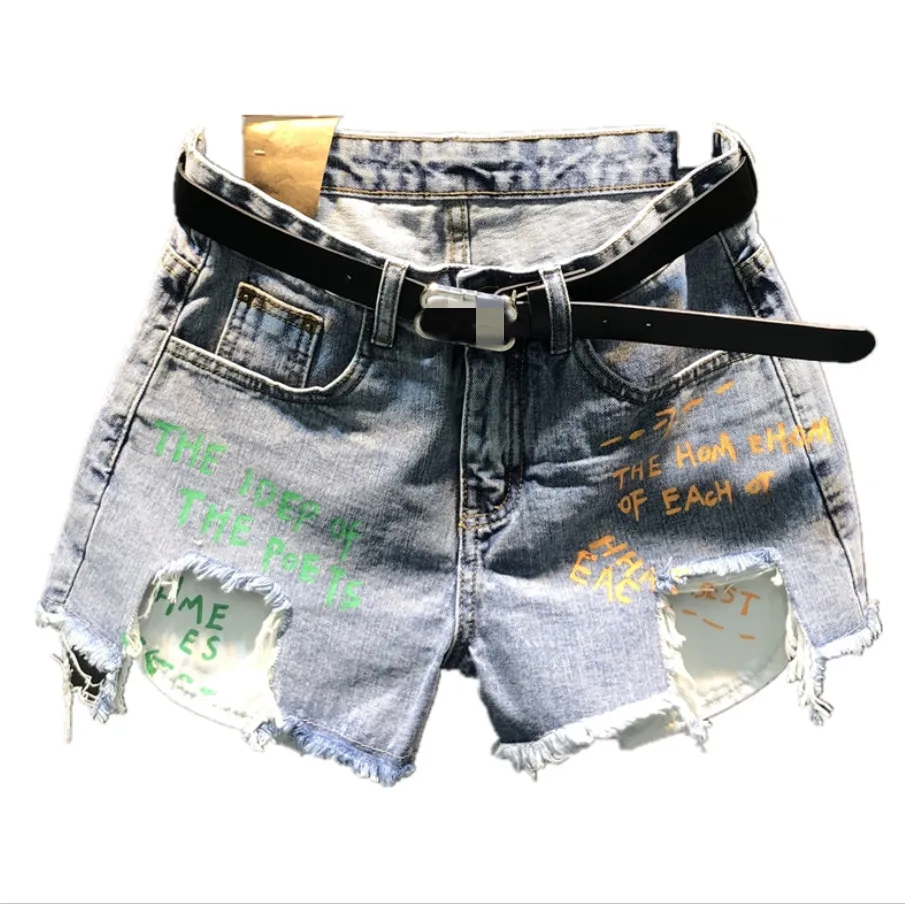 

Denim shorts women 2020 summer new fashion hole high waist pocket letter jeans short