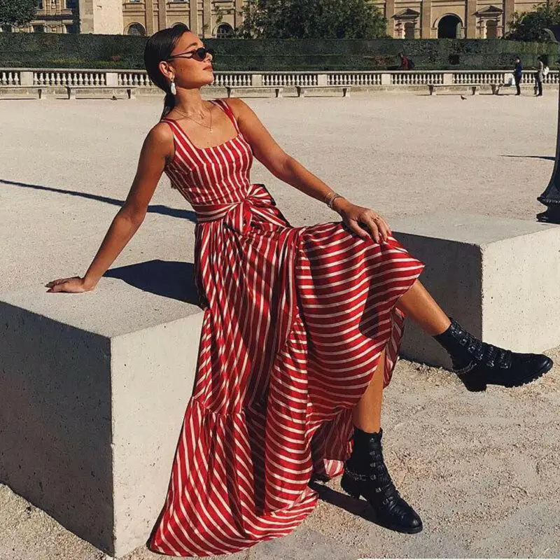 Fashion Casual Women Sleeveless Striped Boho Floral Square Collar Long Dress Cocktail Party Holiday Summer Beach Sundress | Женская