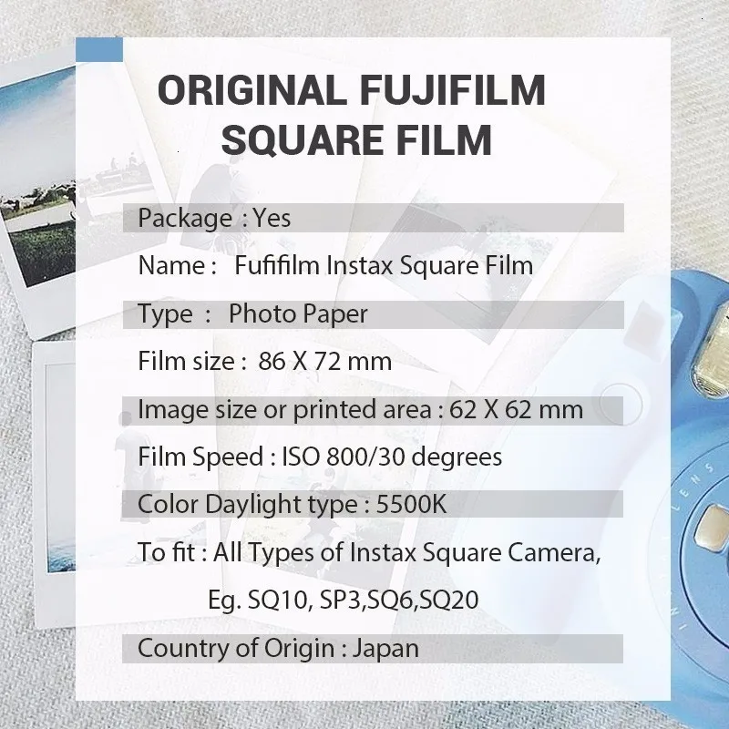 Оригинальная Fujifilm Instax квадратная мгновенная белая пленка 10 до 100 листов для Fuji SQ10 6 20 SP2 Гибридный формат камер