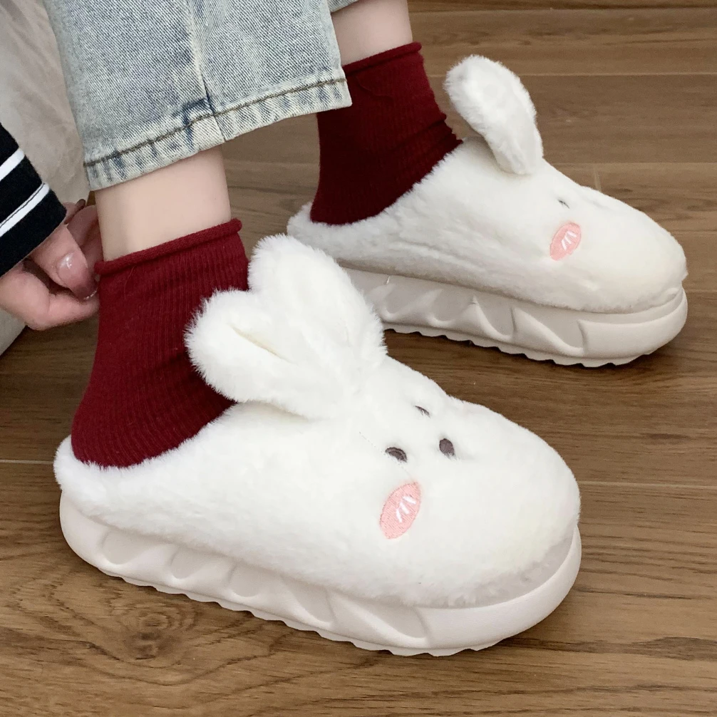 

Winter Women Slippers Sweet Rabbit Platform Warm Fur Clogs Thick Sole Slippers Plush Indoor Home Shoes Fluffy Furry Slides 41
