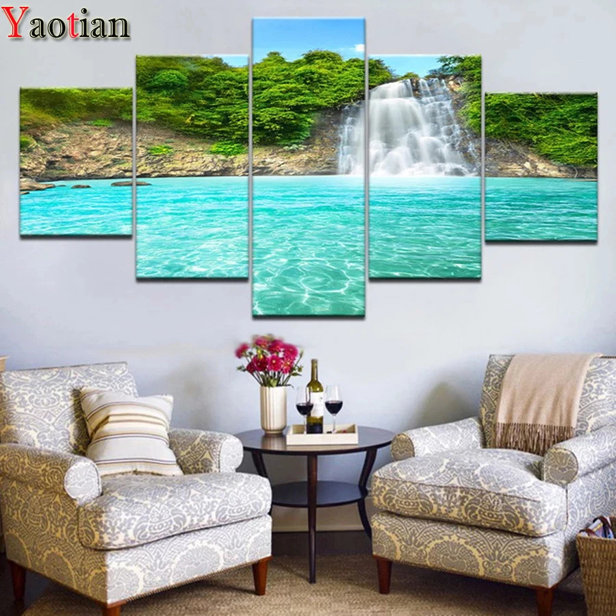 

Набор для алмазной вышивки «Водопад», картина 5D «сделай сам» с мотивом природного озера, полная выкладка крестиком, 5 штук