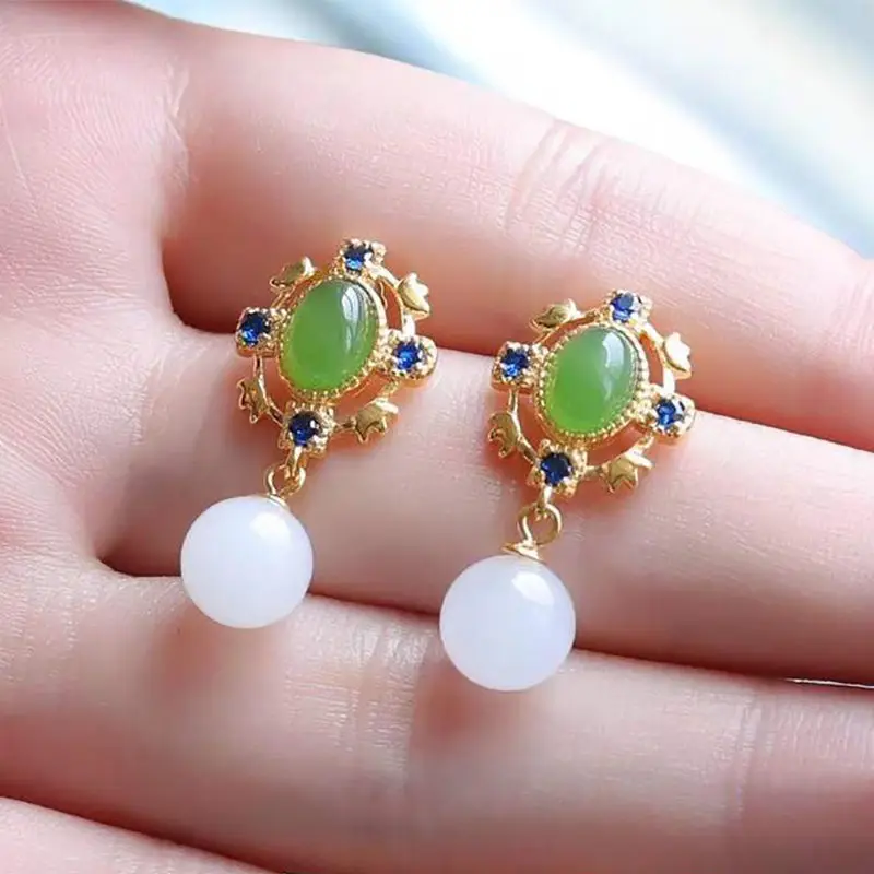 

Natural Jasper Earrings Women's S925 Sterling Silver Gold Auricular Needle Hetian White Jade Earrings Court Retro French Style E