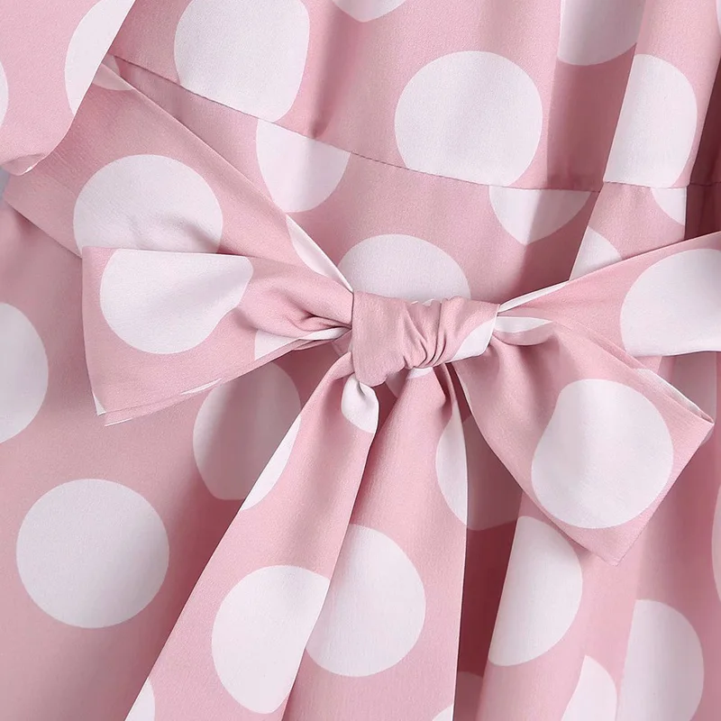 

pink polka dot women wrap dress 2021 elegant puff short sleeve square collar sash party dress wrap streetwear retro midi dress