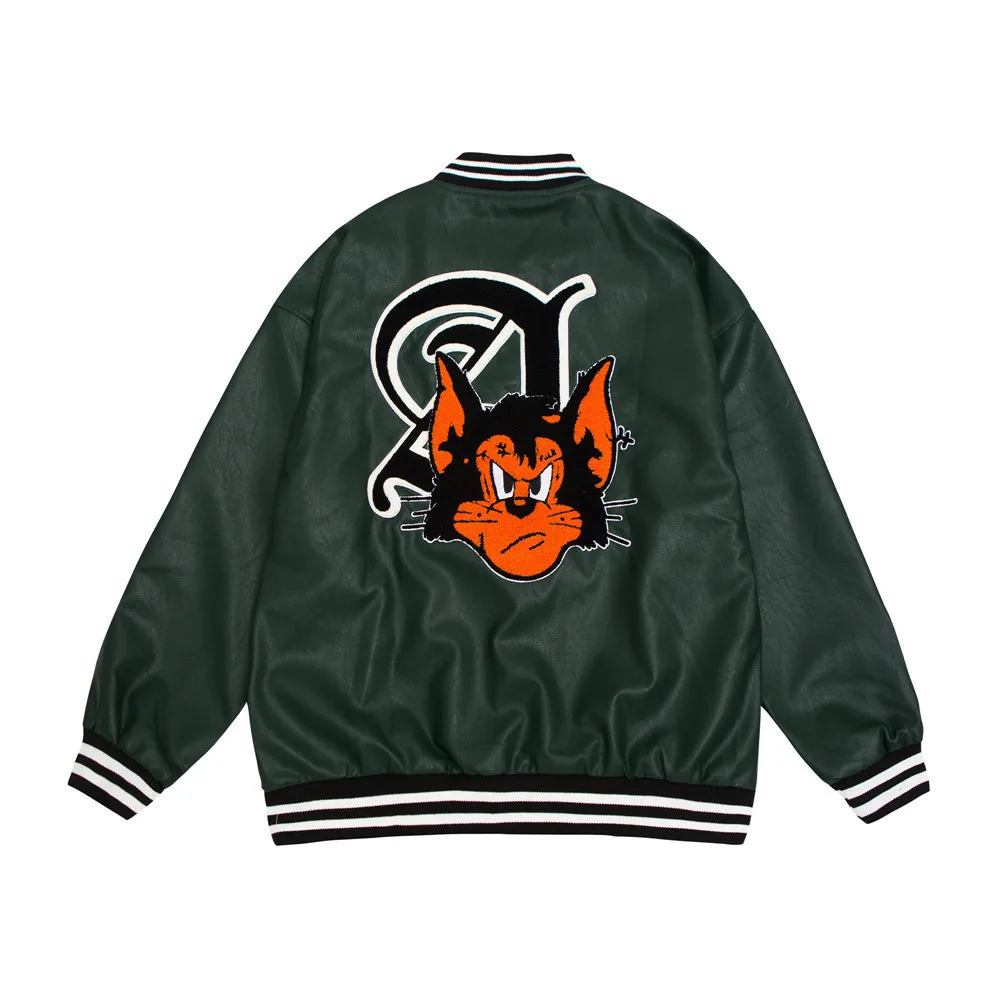 

PU Leather Graphic Cartoon Flocking Towel Embroidery White Green Baseball Bomber Jacket Women Men