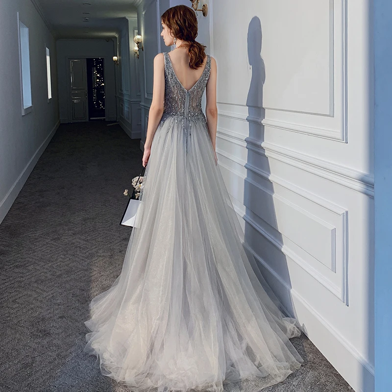 LDR36 Gray 2021 Hepburn Sling Temperament Long Dress Evening Dress Birthday Banquet Women's Gorgeous Party Dress robes de soirée