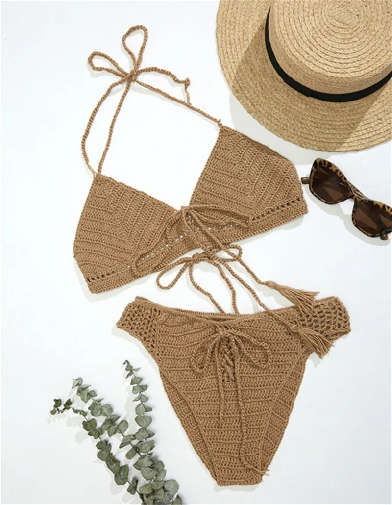 Прозрачные сексуальные однотонные Вязаные Бикини 2021 бикини без подкладки