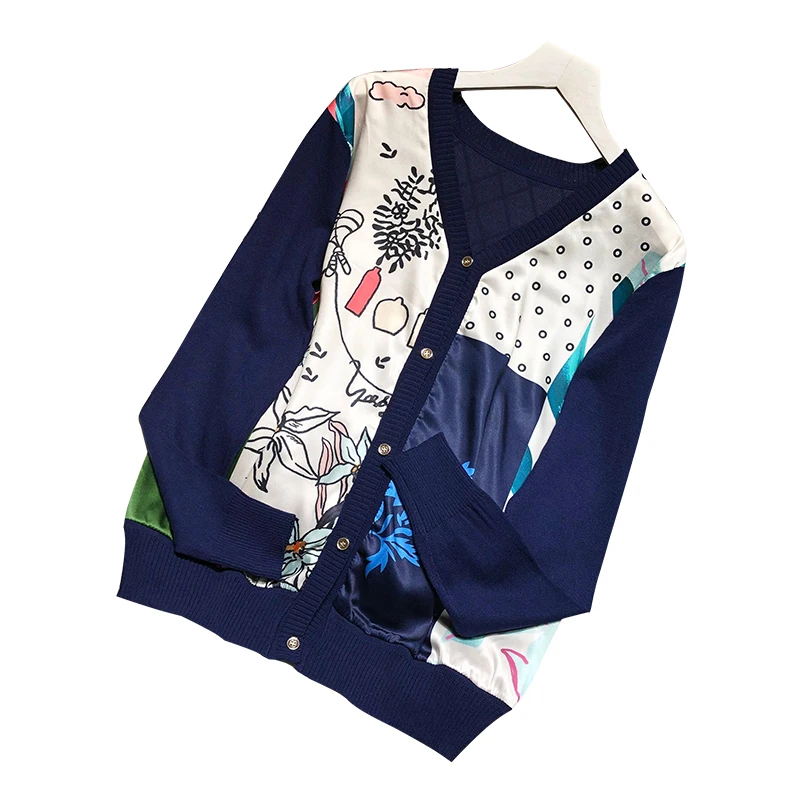 Женский атласный свитер ALPHALMODA вязаный лоскутный пуловер с V-образным вырезом и