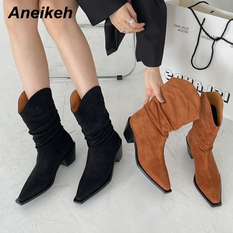 

Женские короткие плюшевые ботинки Aneikeh, Прошитые Зимние ботильоны из флока на платформе, изысканные Ботинки на каблуке, вечерние ботинки на ...
