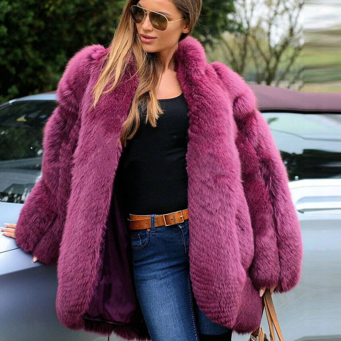 

BFFUR Fashion Purple Natural Fox Fur Coat Women Winter 2021 New Whole Skin Fox Fur Jackets Medium Length Thick Warm Fur Overcoat