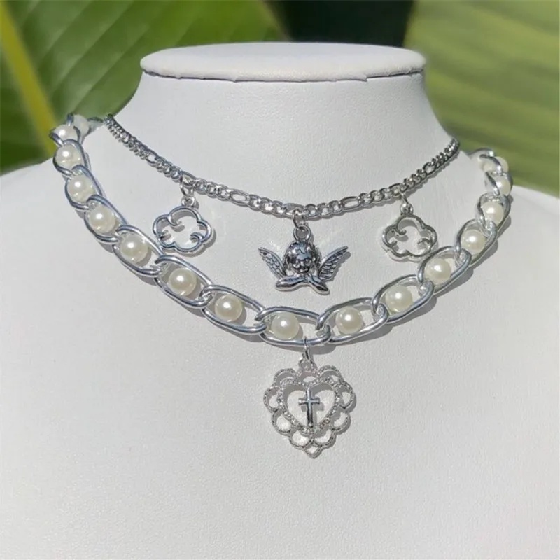 

2021 Vintage Angel Pearl Hollow Out Cloud Heart Cross Pendant Necklace For Women Punk Harajuku Hip Hop Baroque Choker Necklace